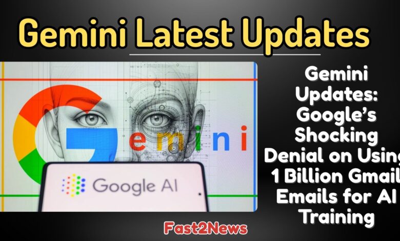 Gemini Updates: Visual representation of Google's denial regarding using Gmail content to train its AI models, featuring the Google AI and Gemini logos with a clear 'no entry' symbol.